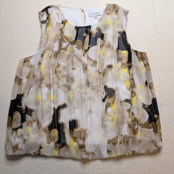 Calvin Klein Tops - Calvin Klein sleeveless pleated black/white/yellow floral blouse - size Petite M